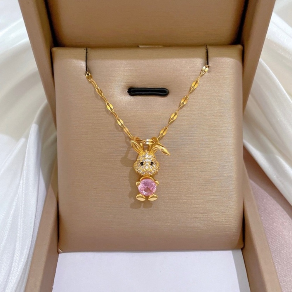 18K Gold Plated Bunny Pendant Necklace for Women,Pink Crystal Rabbit Necklace